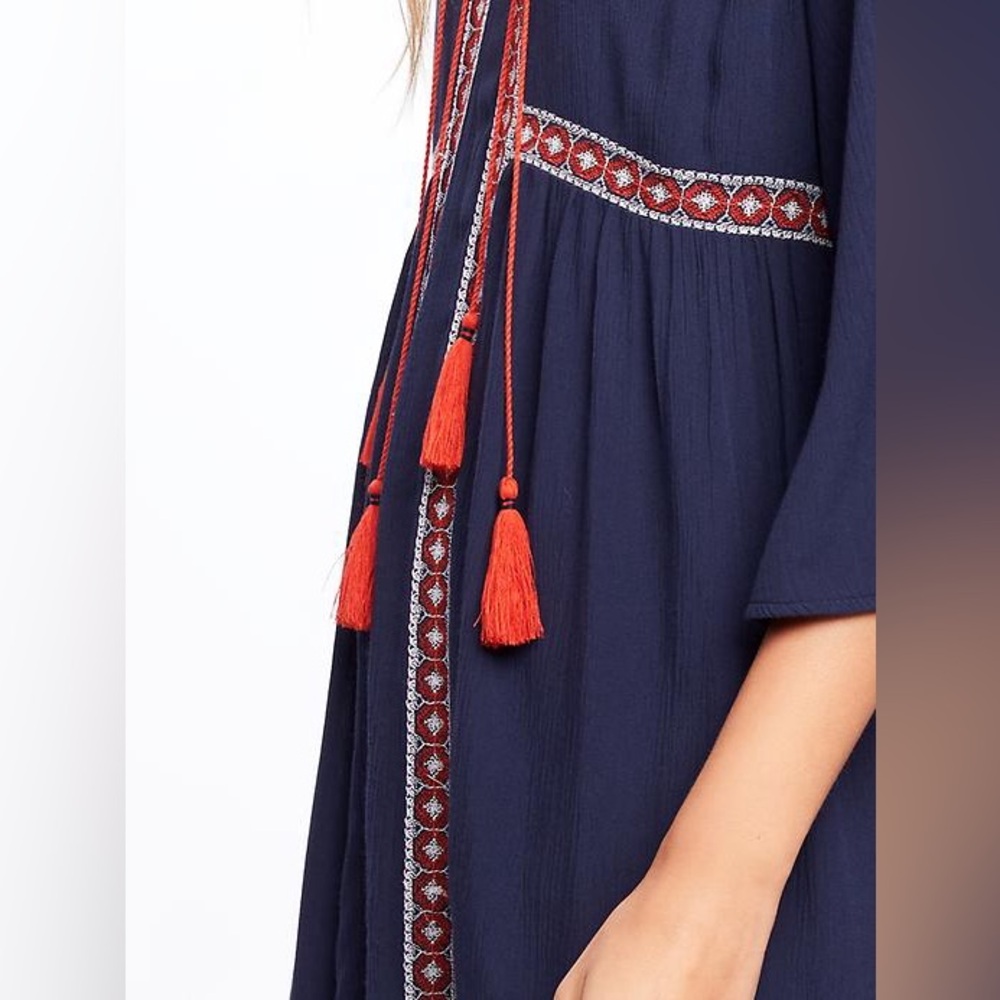 Old Navy | Bohemian Embroidered Swing Dress w/ Tassels, Navy and Red | Small - Picture 2 of 12
